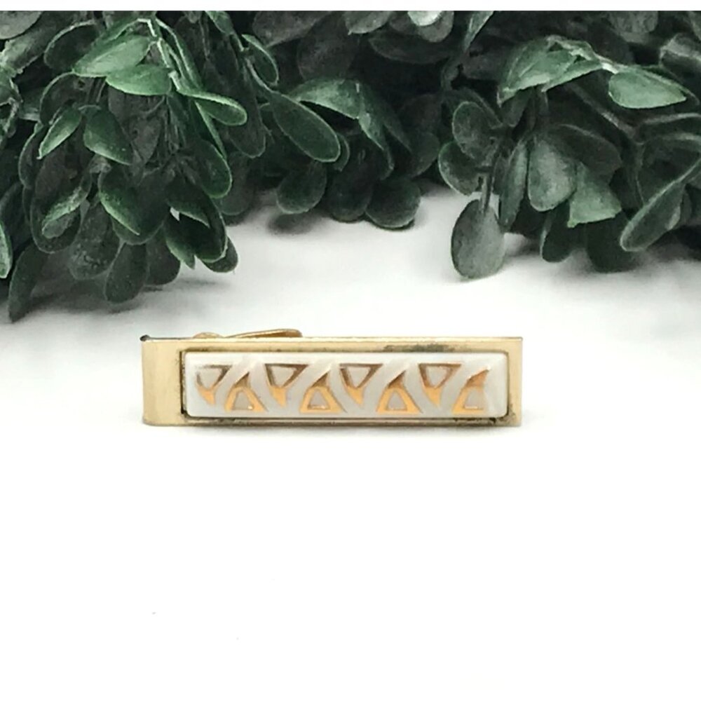 Vintage Gold Tone Tie Clip With White & Gold Enamel Geometric Design
